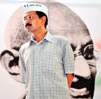 A pensive Arvind Kejriwal at the launch of his party, coinciding with Gandhi Jayanti in New Delhi.