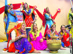 Students of Khalsa College Gardiwalanear in Dasuya district of Hoshiarpur perform giddha during a cultural programme on the college campus on Saturday.