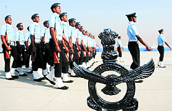Airmen participate in a full dress rehearsal for the Air Force Day Parade 2012 at the Hindon Air Force Station near Ghaziabad on Saturday. The force will celebrate its 80th anniversary on Monday