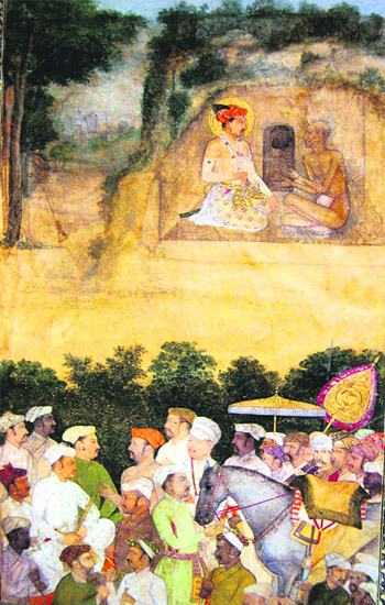 Emperor Jahangir visiting the ascetic Jadrup. Mughal, ca. 1615. Collection: Musee Guimet, Paris