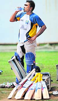 Sri Lankan captain Mahela Jayawardene takes a break from net practice in Colombo on Saturday