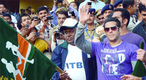 Actor Salman Khan flags off the ITBP Half Marathon 'Run for the Nation' at Jawaharlal Nehru Stadium in New Delhi on Sunday. 