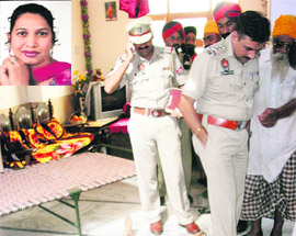A police team investigates the site where Kuldip Kaur (inset) was murdered at Shaheed Udham Singh Nagar in Amritsar on Monday. 