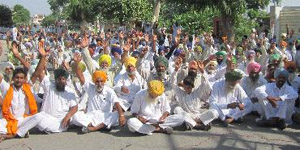 Cotton farmers protest outside the CCI office in Bathinda on Monday. 
