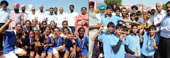 (Left) The victorious team of the Sant Ishar Singh Public School, Sangrur, and the team from the Gurukul School, Kurukshetra, (right) that bagged the CBSE cluster XV kho-kho championship in the category for girls and boys, respectively, on Monday.