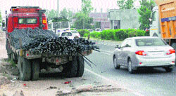 Truck loaded with iron rods parked on the highway at Zirakpur on Monday evening. Tribune Photo: Nitin Mittal