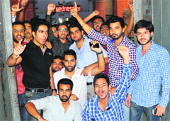 Students protest at the entry to the law department at Panjab University in Chandigarh on Monday. Tribune photo: Pradeep Tewari