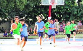 A match in progress during the 5th Tek Chand Memorial Under-12 Girls' Basketball Tournament in Dehradun on Tuesday.