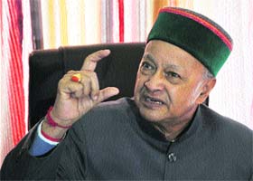 State Congress chief Virbhadra Singh addresses mediapersons at the Congress Bhawan in Shimla on Tuesday