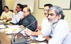 Jay Kumar, Coordinator of Vigyan Bharti Sammelan, interacts with mediapersons at Lovely Professional University near Jalandhar on Tuesday. Photo: Sarabjit SIngh