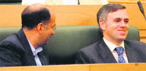Chief Minister Omar Abdullah with Minister of State for Home Nasir Aslam Wani in the Assembly on Tuesday.