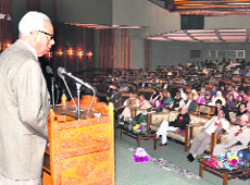 Governor NN Vohra addresses students during the flag-off ceremony in Srinagar on Tuesday.