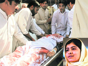 Malala Yousufzai (inset) is wheeled into the Saidu Sharif Teaching Hospital in the Swat Valley region after Tuesdays attack. 
