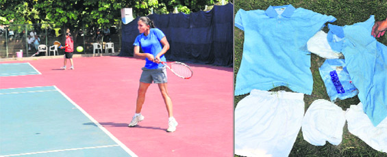 A tennis match in progress sans officiating staff; and (right) substandard T-shirts and shorts provided to women players. 