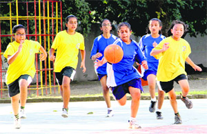A match in progress in the Tek Chand Memorial Girls Basketball Tournament in Dehradun 