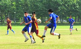 Players in action during the Inter-Collegiate Football (men) Championship at the University of Jammu campus ground on Wednesday