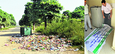 Garbage scattered around a bin in Shaheed Bhagat Singh Nagar; and (right) MC officials show a banner meant to spread awareness regarding cleanliness in Ludhiana