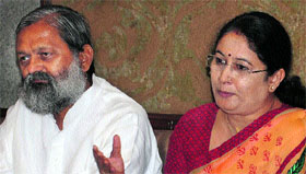All-India BJP General Secretary along with Ambala MLA Anil Vij addresses a press conference in Chandigarh on Thursday.