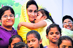 Bathinda MP Harsimrat Kaur Badal with differently abled children during a "Chetna rally" at the Unique Home in Jalandhar. The rally was organised by the Istri Akali Dal and Nanhi Chhaan, an NGO headed by the MP