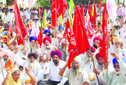Activists of various farmer organisations hold a protest outside the Lopoke police station near Amritsar on Friday. Photo: Vishal Kumar