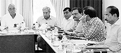 Haryana CM Bhupinder Singh Hooda at a meeting with top officials of the state in Chandigarh