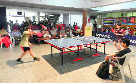 A match in progress during the 23rd Prithipal Singh Memorial Open TT Tournament in Ludhiana 