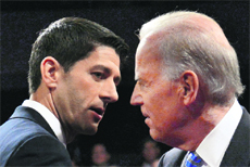US Vice-President Joe Biden (R) and Republican vice-presidential nominee Paul Ryan at the conclusion of the debate in Danville. 