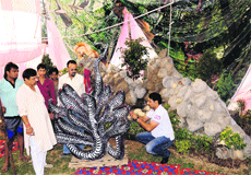A stage being prepared for hi-tech Ramlila at Sector 20, Chandigarh.