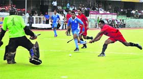 A match between Punjab Police, Jalandhar, (in red) and CRPF, Delhi, in progress during the 29th Indian Oil Surjit Hockey Tournament in Jalandhar on Saturday