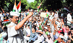 India Against Corruption activist Arvind Kejriwal with his supporters at Jantar Mantar in New Delhi on Saturday