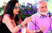 Writer Shobhaa De and fest co-chairman and director Ashok Chopra at a session on the second day of Khushwant Singh Lit Fest at Kasauli Club