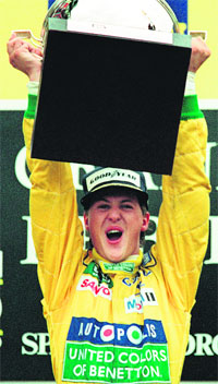 Michael Schumacher after winning his first Grand Prix in Liege, Belgium, on August 30, 1992