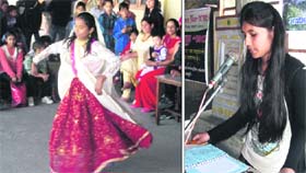 A girl performs a dance; and (right) a participant in a singing competition during the Autumn Fair celebrations in Mussoorie on Sunday