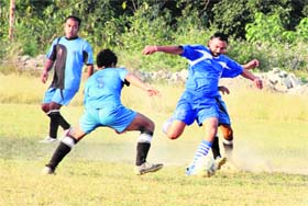 A match in progress during the Kargil Martyr Jaideep Bhandari Memorial Football Tournament in Dehradun on Sunday