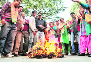 BJP workers burn an effigy of Virbhadra Singh in Shimla on Sunday. 