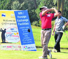 A golfer in action during the final day of the Greater Kashmir Autumn Golf Festival  in Srinagar on Sunday. 