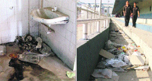 A washroom in a pathetic condition; and (right) garbage strewn at the Guru Nanak Stadium