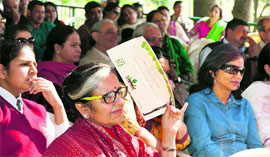 Suneet Aiyar (in red saree), the author of Homage to Guru Gobind Singh, at the Khushwant Singh Lit Fest in Kasauli on Sunday.