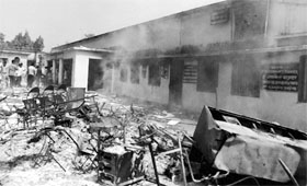 The Basapatti police station and block office building that was torched in Madhubani.