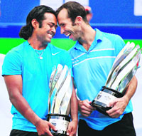 Leander Paes and Radek Stepanek after winning the mens doubles final in Shanghai.