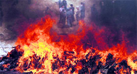 Afghan counter-narcotic police burns 25 tonnes of drugs and drug-making gear on the outskirts of Kabul on Sunday.