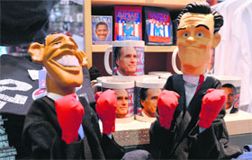 Two dolls depicting US President Barack Obama and Republican presidential candidate Mitt Romney at a gift shop in Baltimore on Sunday.