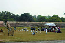 A sports event underway during a district-level sports tournament for women being held at Guru Gobind Singh Stadium in Muktsar on Monday. 
