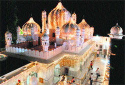 The Mansa Devi shrine is all decked up on the eve of the Navaratras in Panchkula on Monday. 