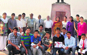 A group photo of the members of the Basketball team of Murthal University with Vice-Chancellor HS Chahal and Registrar RK Arora. 