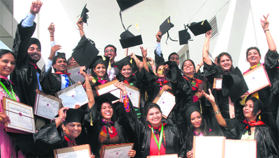 Students of Punjab Technical University in jubilant mood after receiving degrees during the 10th annual convocation held at the CT Institute in Jalandhar on Monday. 