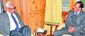 Governor NN Vohra and MLA Abdul Haq Khan during a meeting at the Raj Bhavan on Monday.