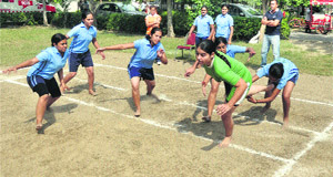 A kabaddi match in progress during the first day of the District-level Women Sports Festival in Ludhiana. 