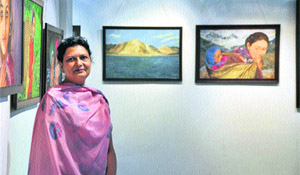 Veeno Julka with her paintings in Ludhiana.
