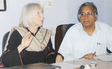 Dr Blaurock Busch (left) with Dr Amar Singh Azad in Faridkot on Tuesday. 